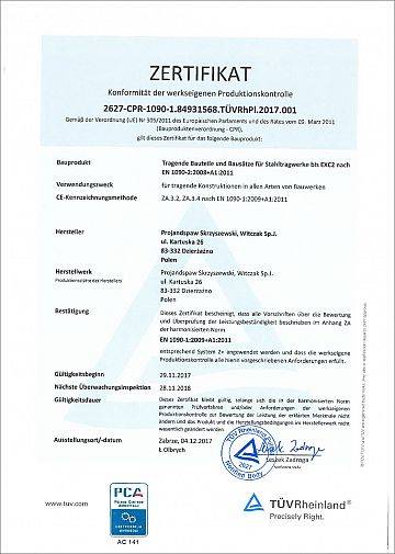 Certyfikat zgodności Zakładowej Kontroli Produkcji (wersja niemiecka)