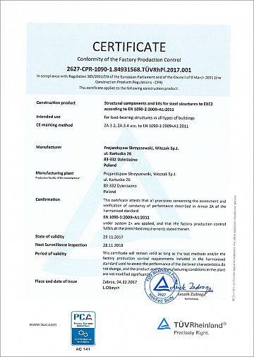 Certyfikat zgodności Zakładowej Kontroli Produkcji (wersja angielska)